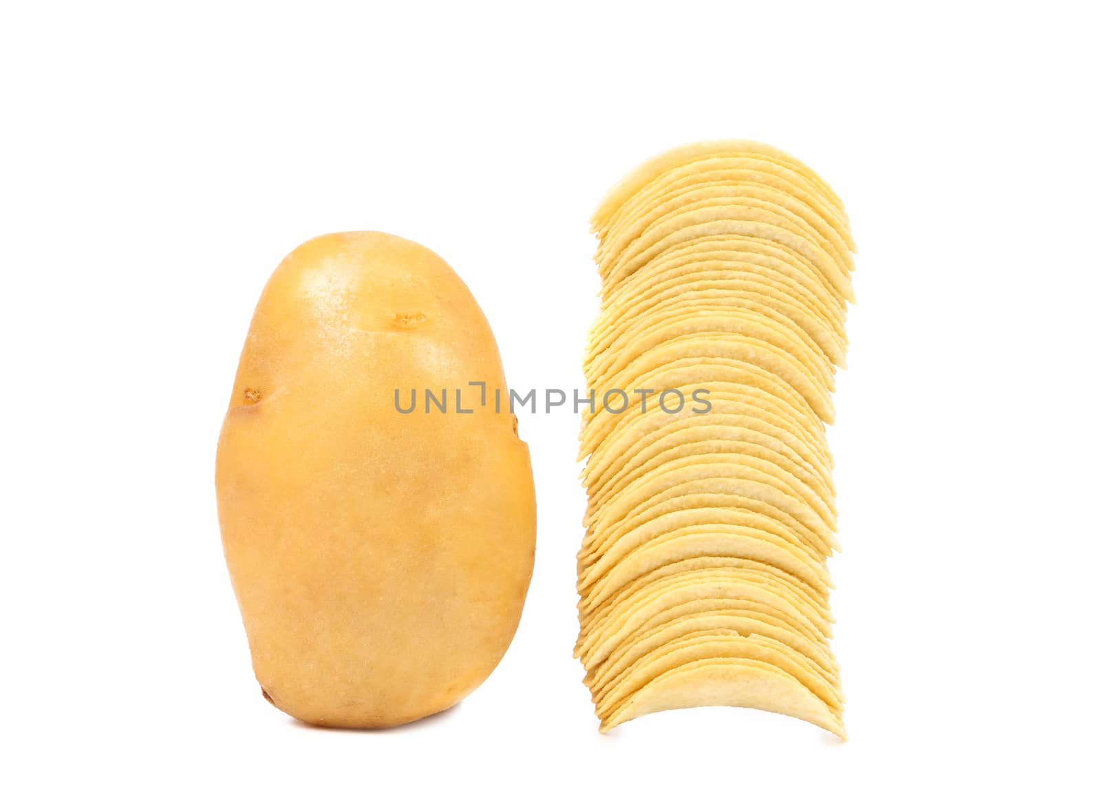 Potato and stack of chips. White background.
