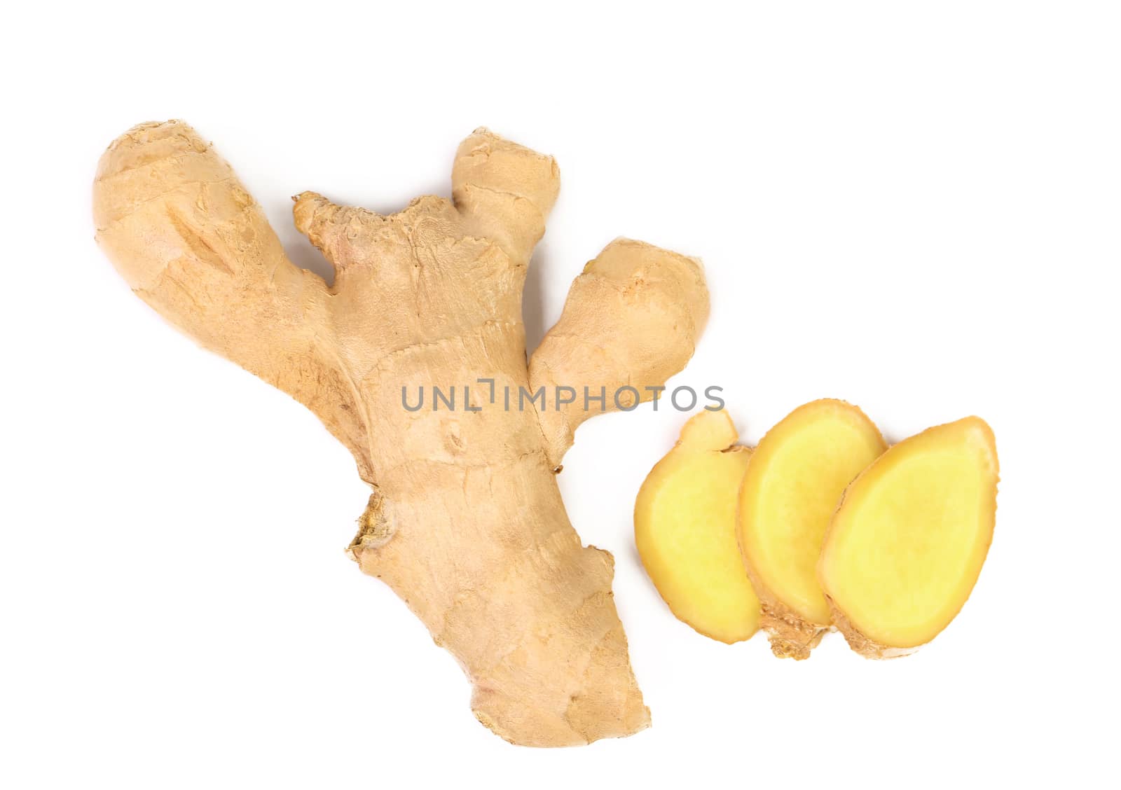 fresh ginger and slices isolated on a white background