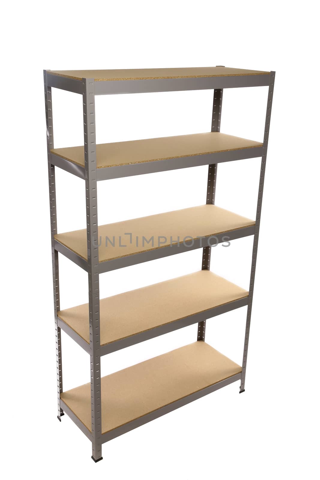 Metal industrial storage shelves. Isolated on a white background.