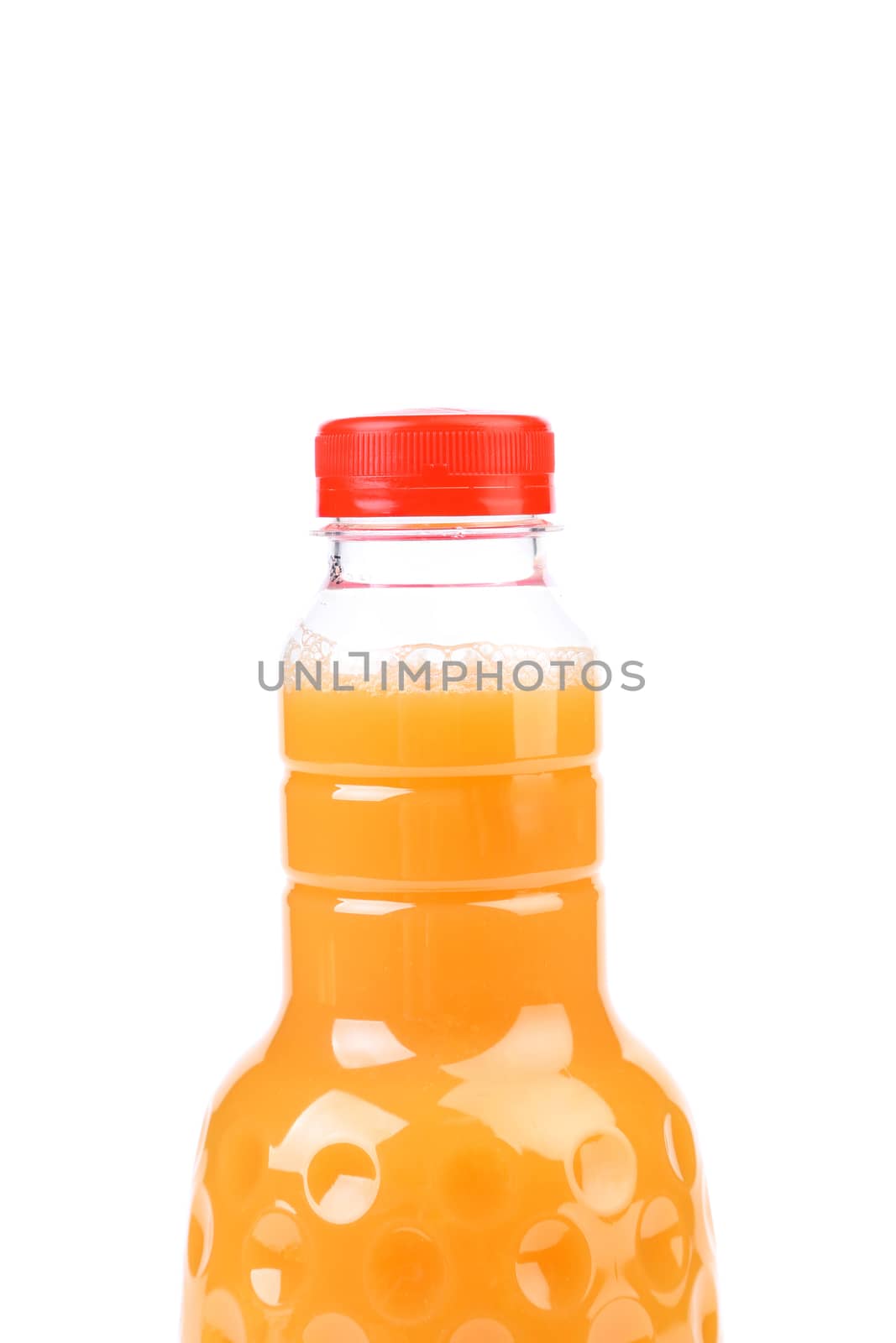 Top bottle of orange juice. White background.