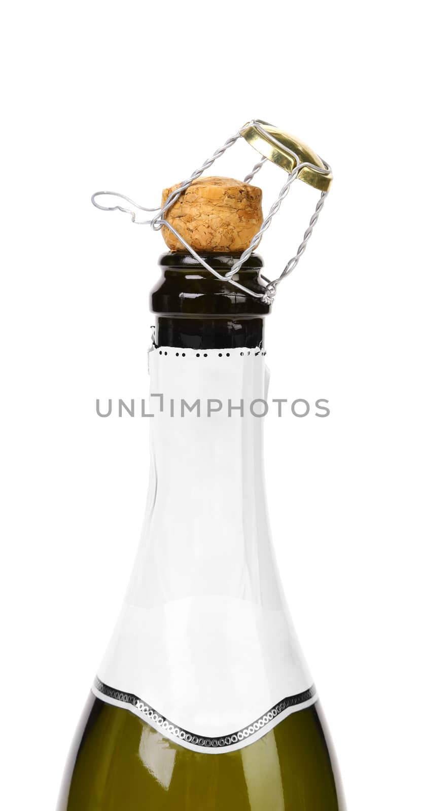 Opening a bottle of champange. White background.
