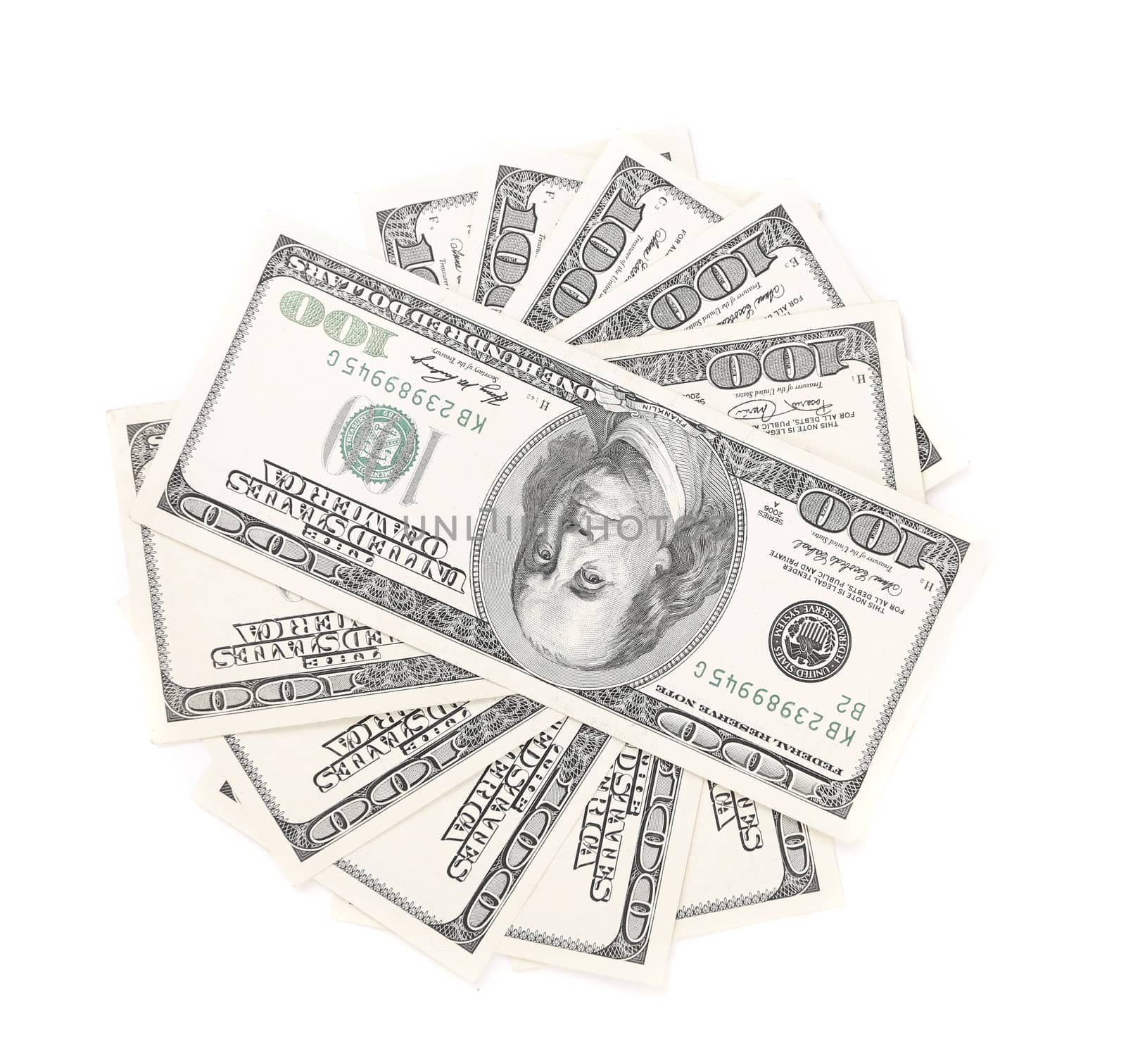 Fan of hundred-dollar bills. Close up. White background.