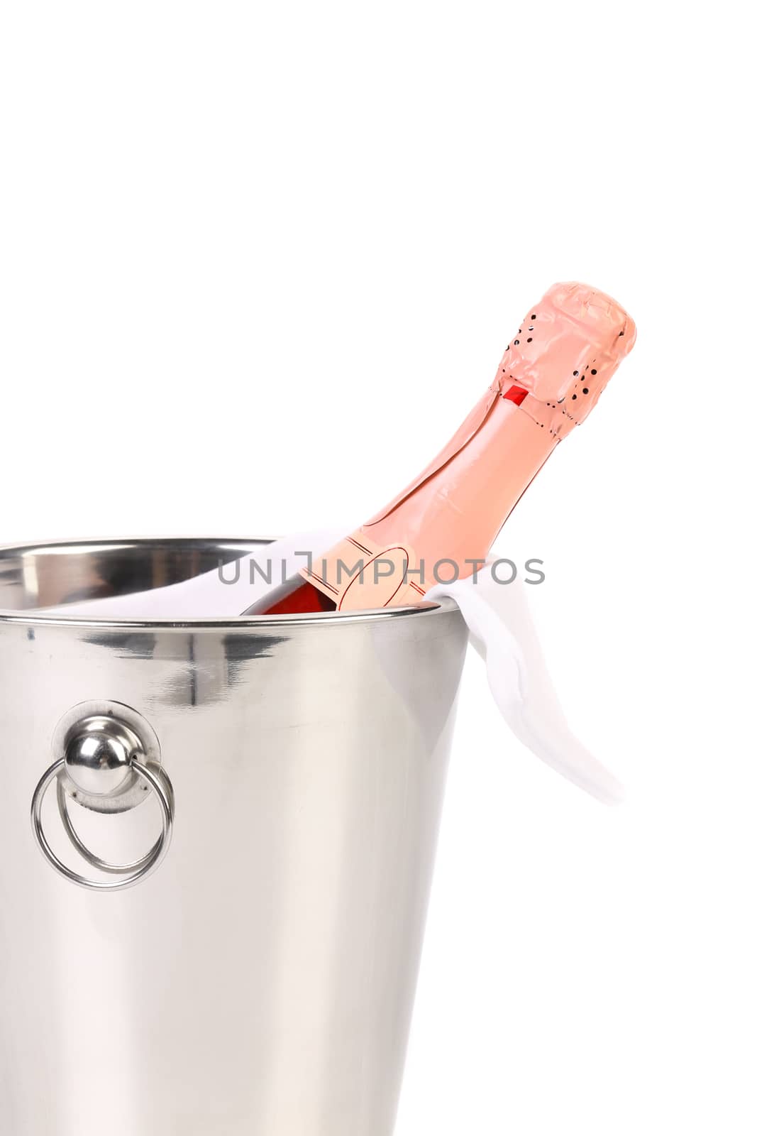 Bottle of champagne in cooler over white (with easy removable sample text)