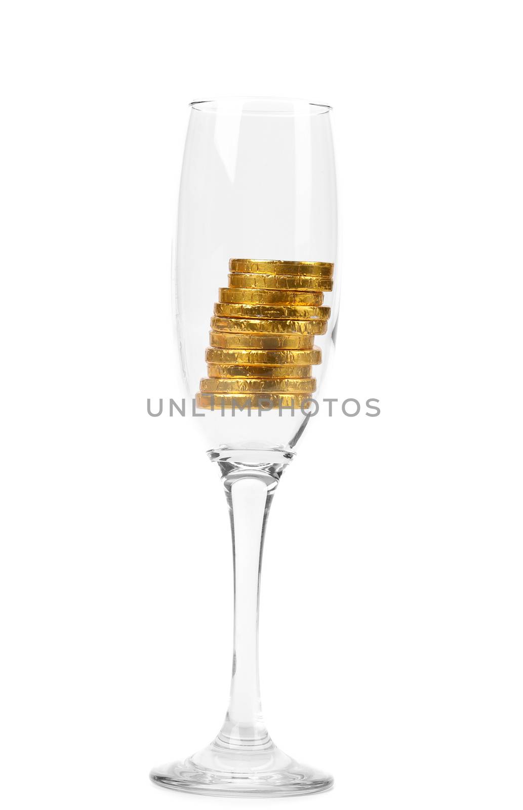 Champagne glass with golden chocolate bars. White background.
