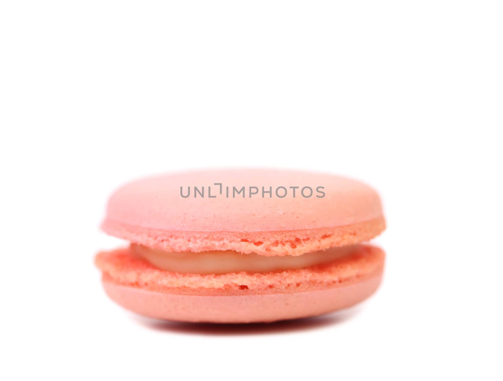Traditional French pink macaron against a white background.