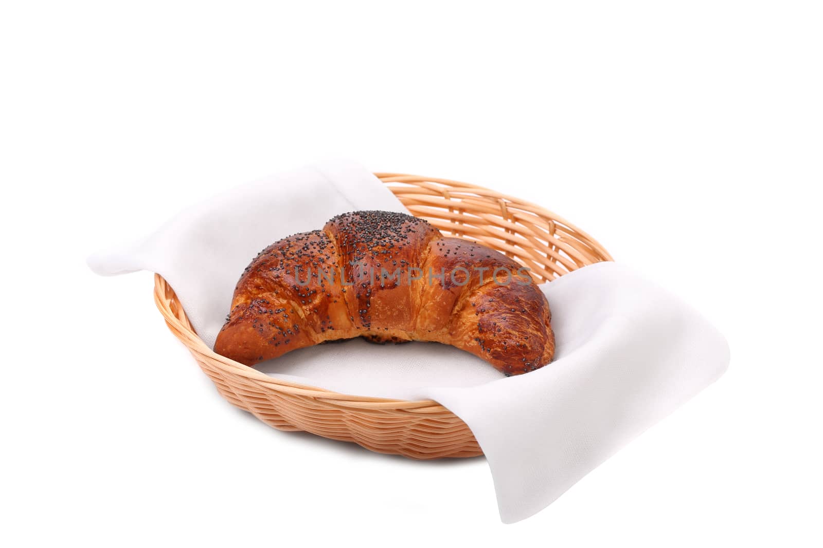 Image of croissant with poppy in a basket. White background.