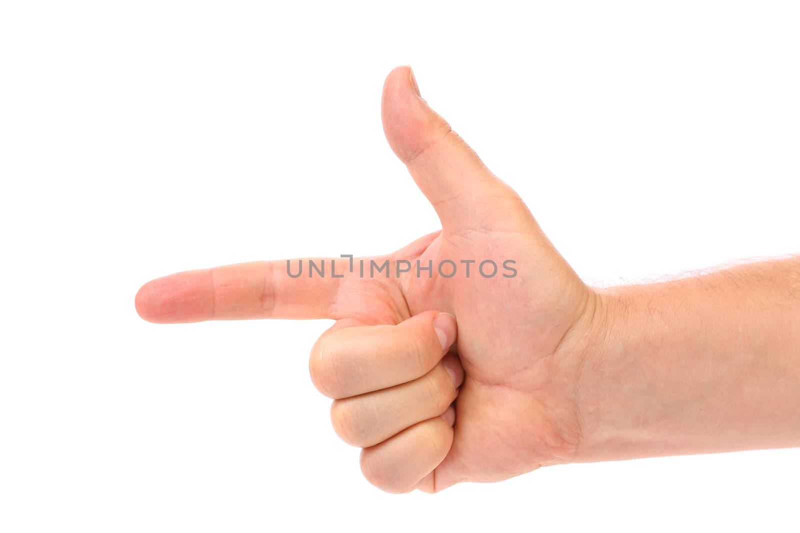 Two finger like a gun. Man's hand. White background.