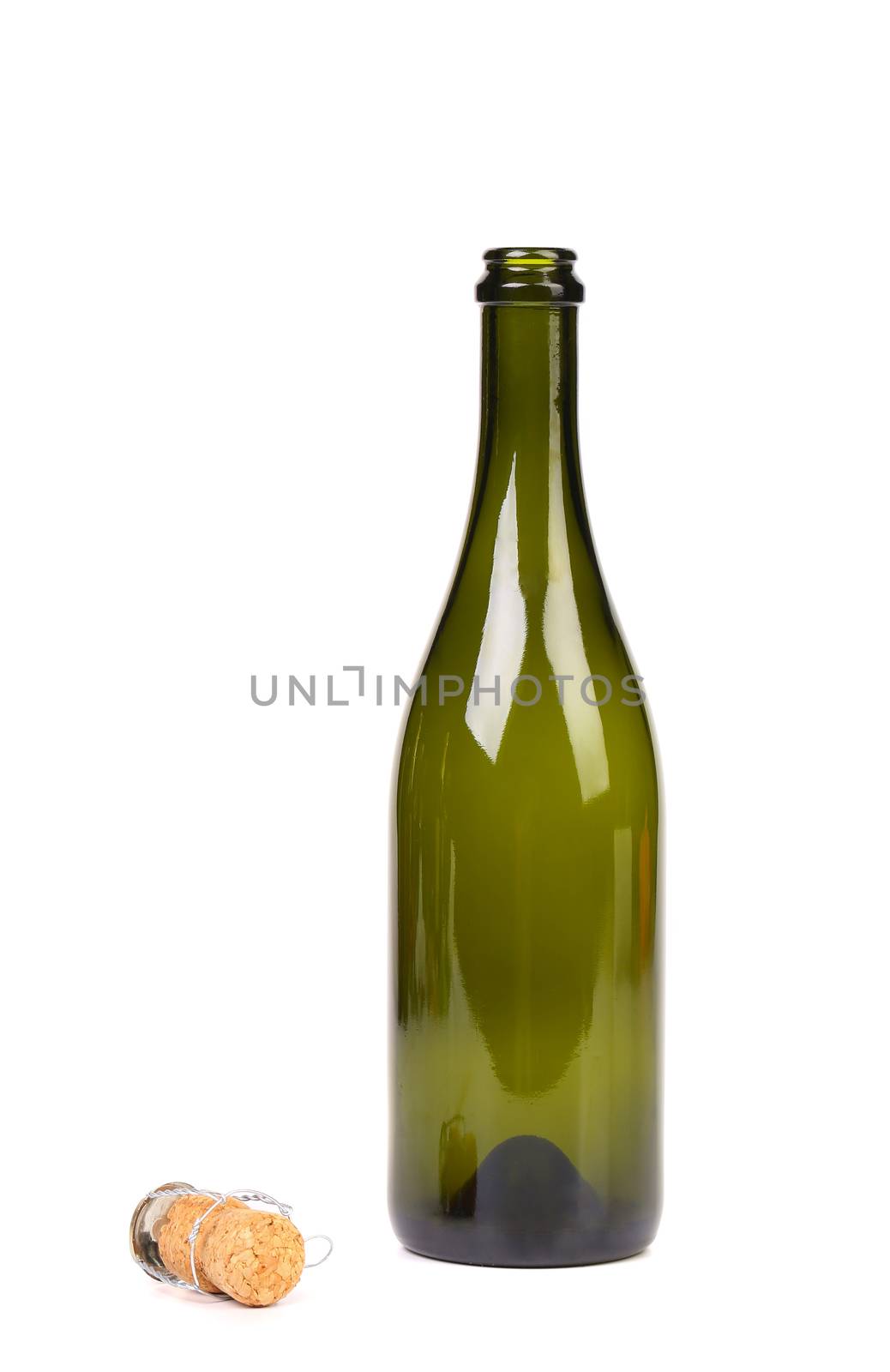 Empty green glass bottle from champagne and cork