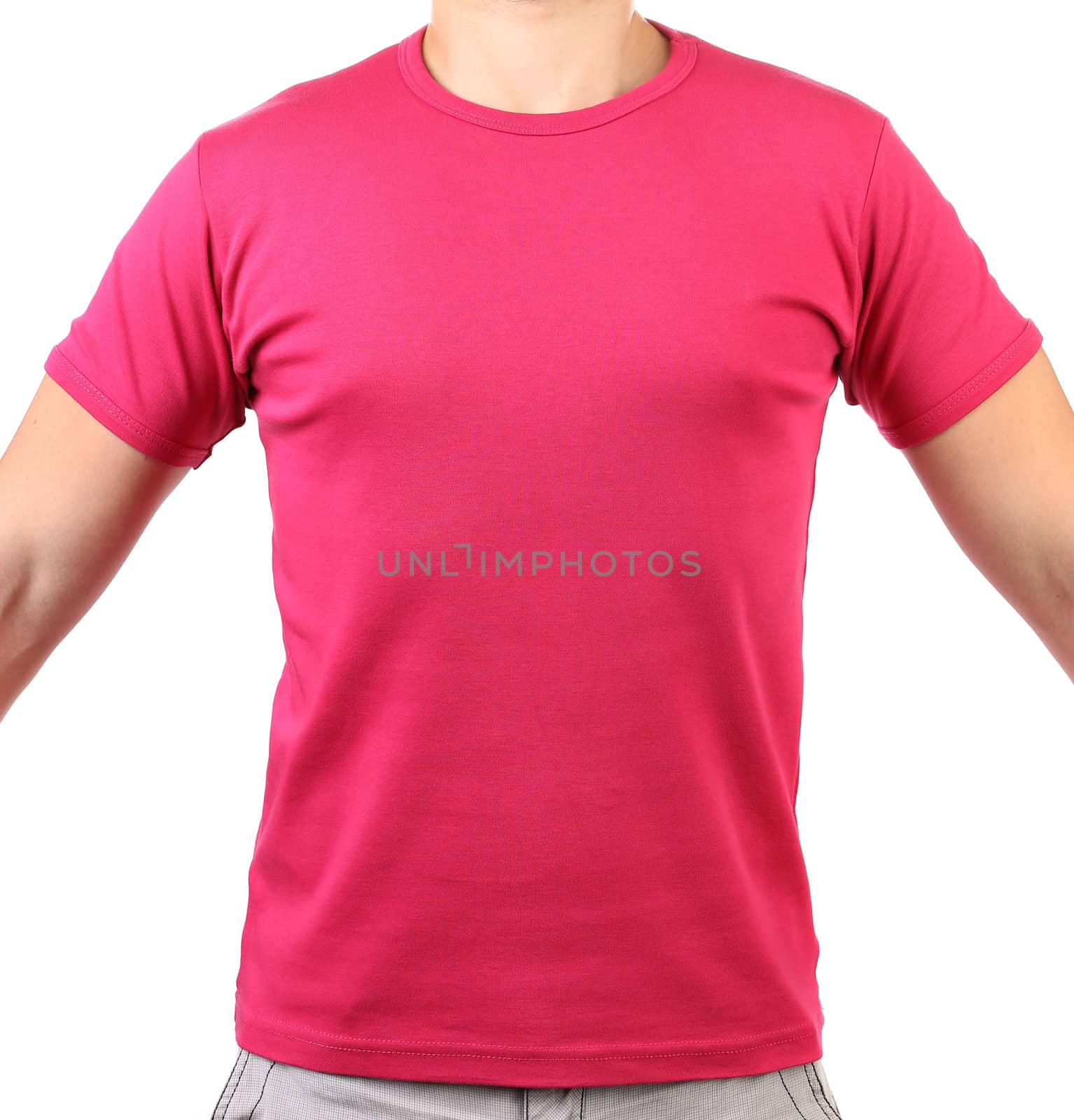 Crimson T-shirt on a body. Front. White background.