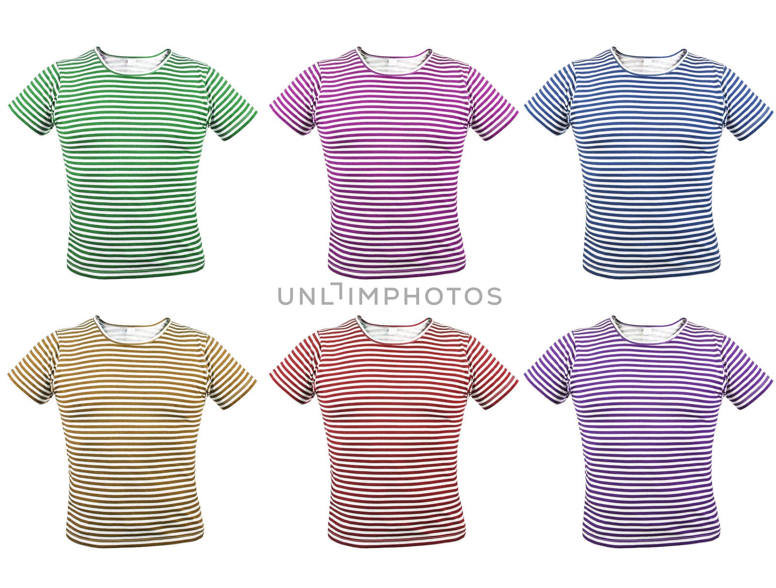 Different colour striped T-shirt. Front. White backghround.