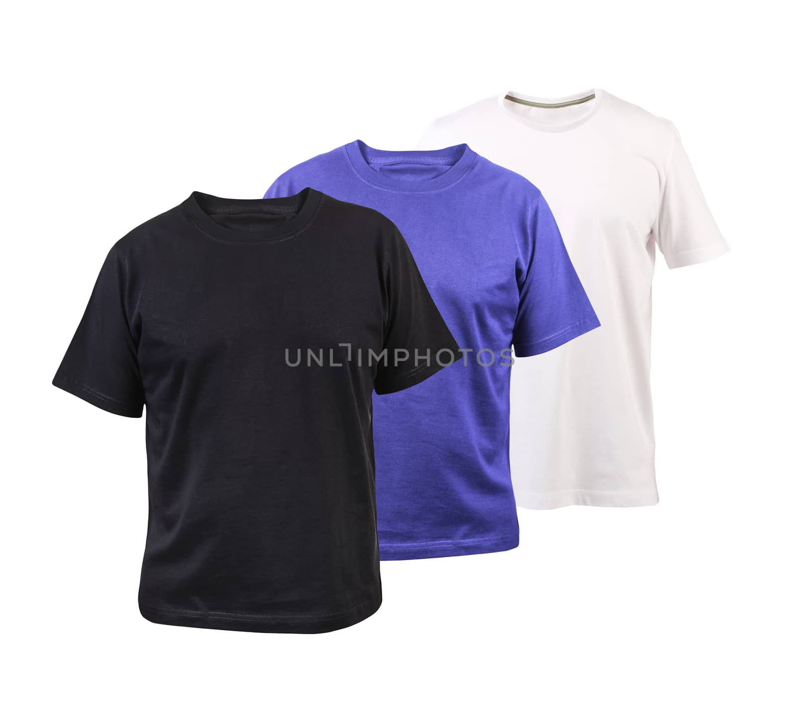 Set of three color cotton t-shirts isolated on a white background