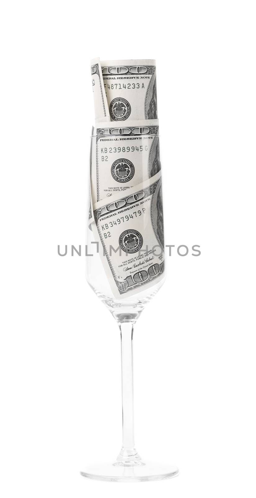 Wine glass with money. Isolated on a white background.