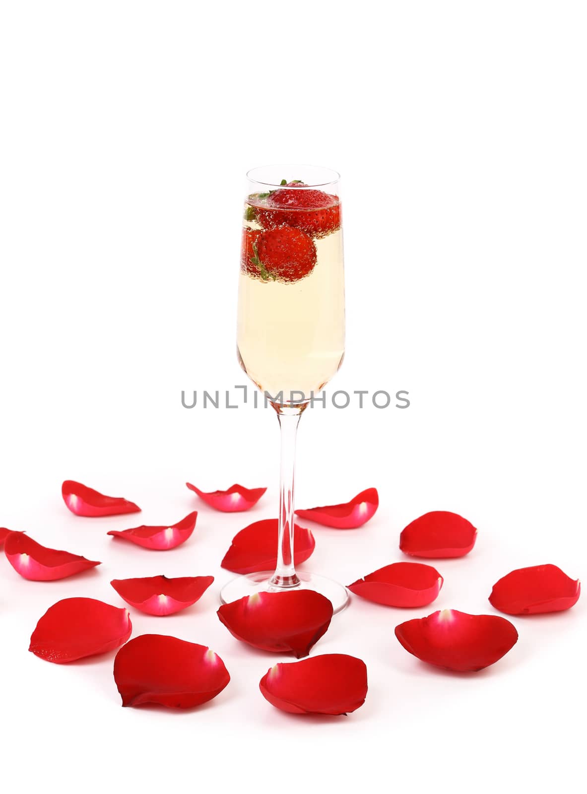 glass of champagne with strawberry isolated on a white background