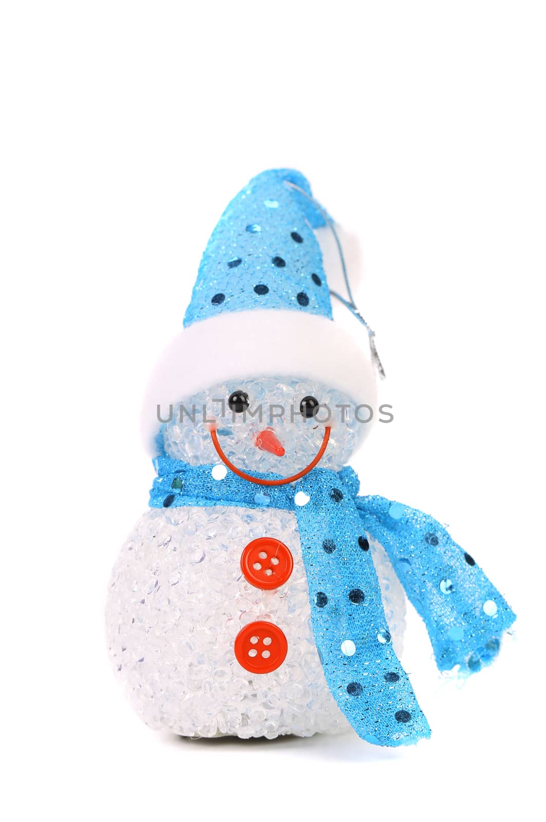 Positive joyful snowman. Christmas decoration. White background.