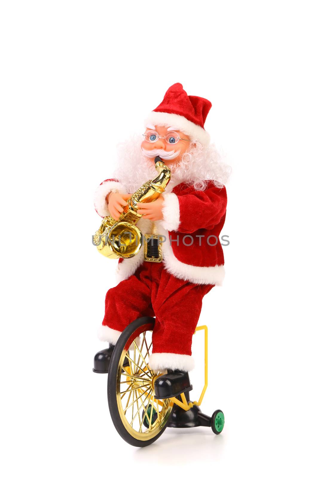 Santa Claus plays the saxophone on bicycle. White background.