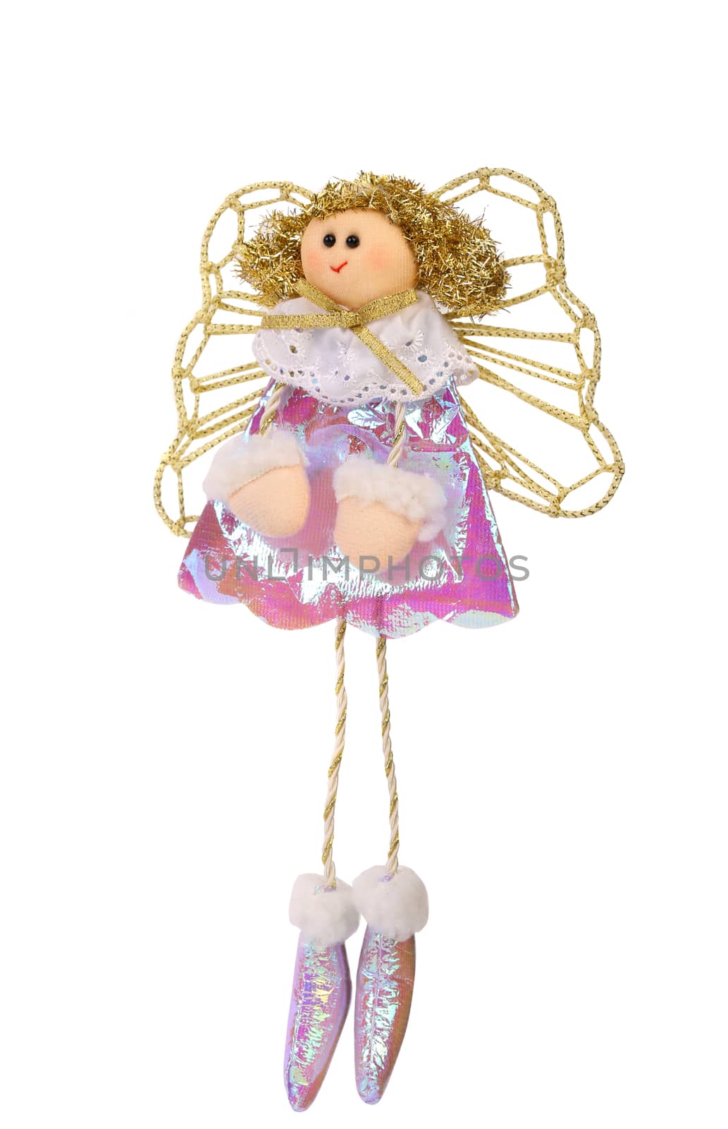 Christmas vintage doll an Flying angel made of a fabric, isolated on white background
