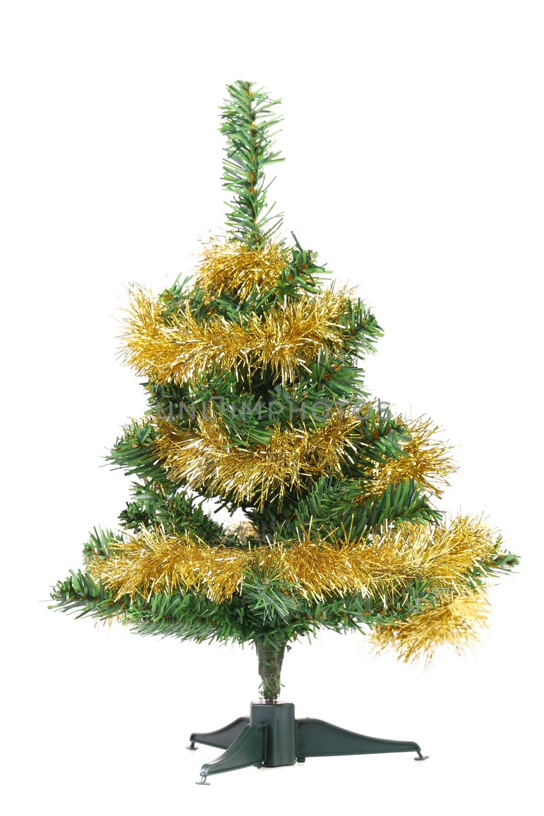 Christmas tree wrapped in tinsel. White background.