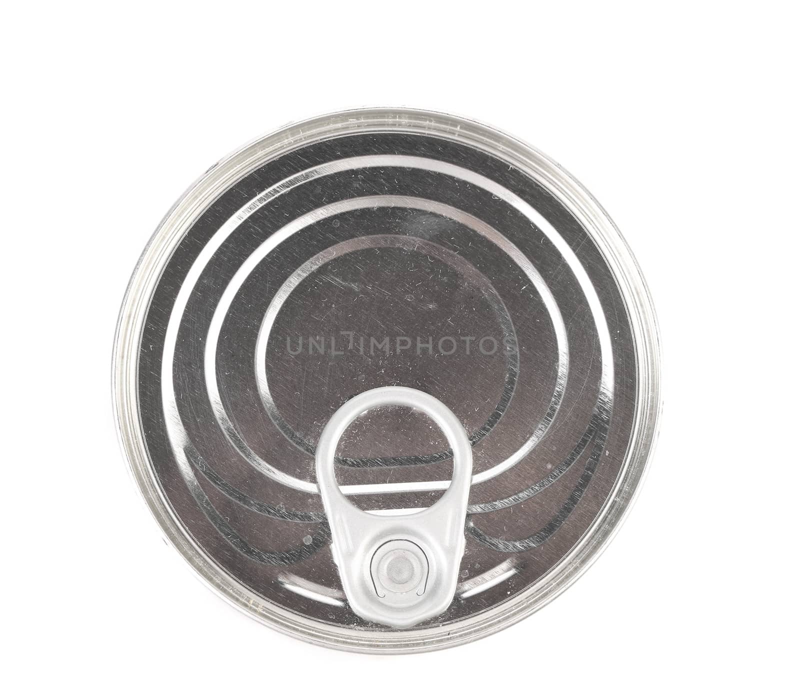 Metal tin conserve can, top view. White background.