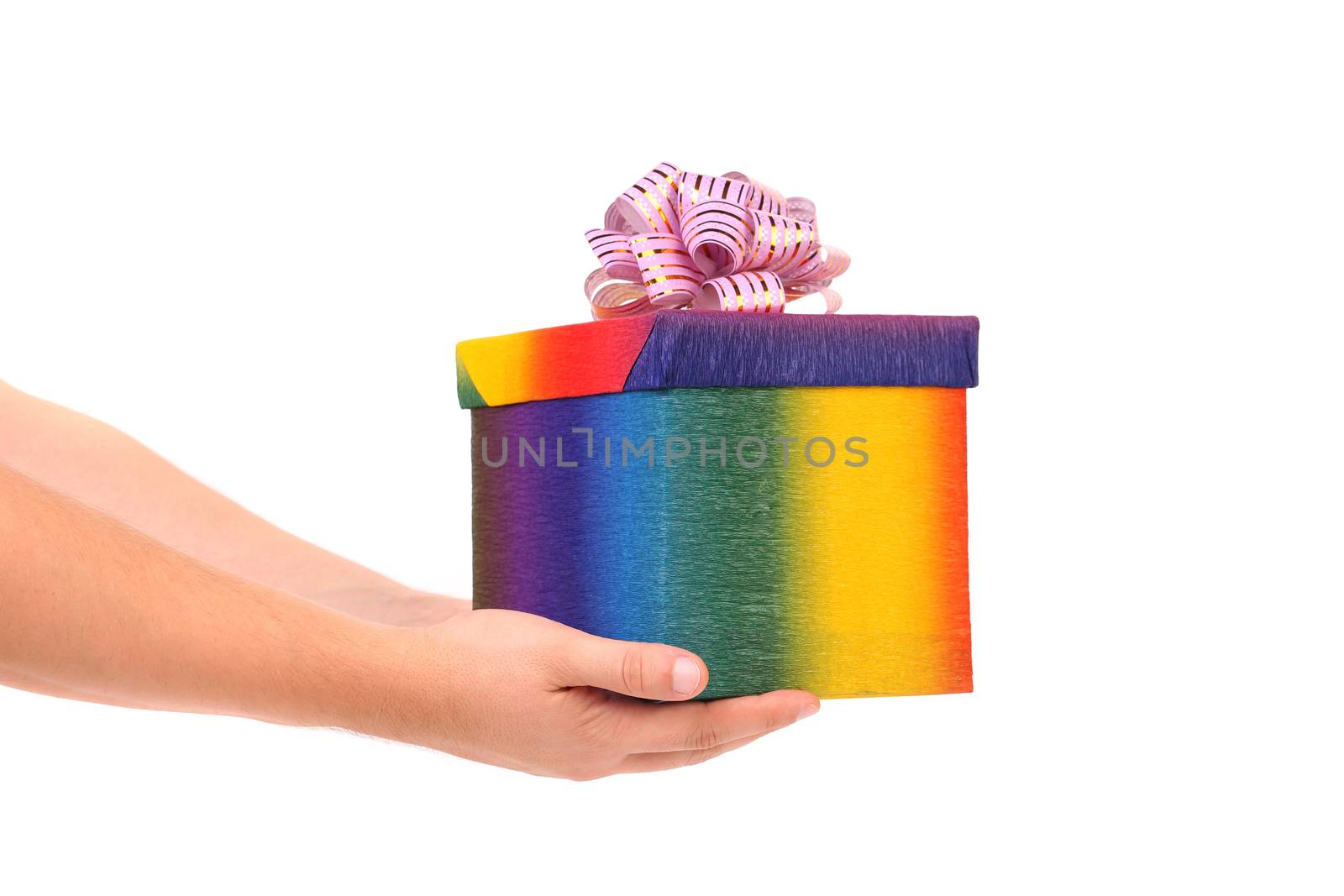 Colourful present box and pink bow. White background.