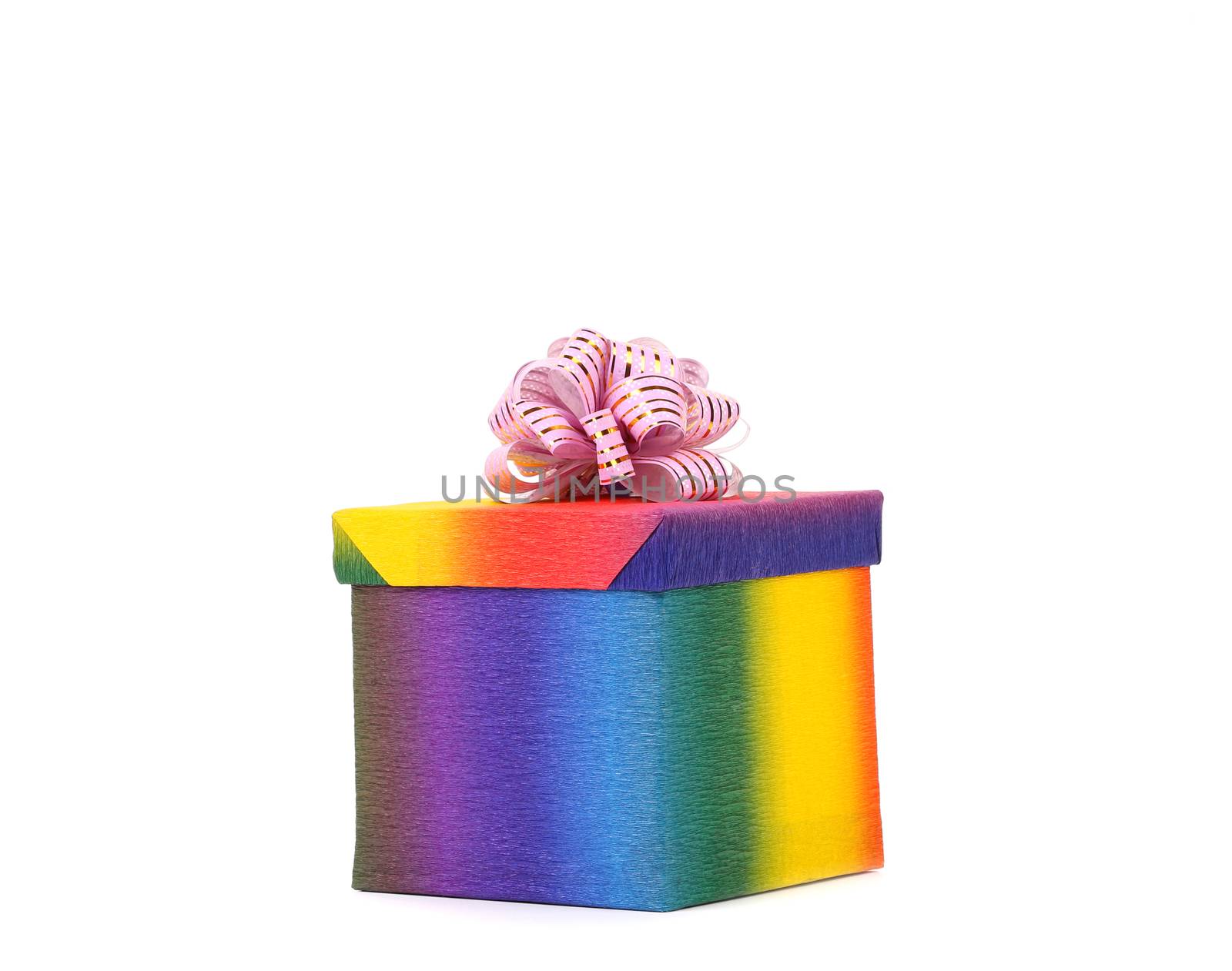 Colourful present box and pink bow. White background.