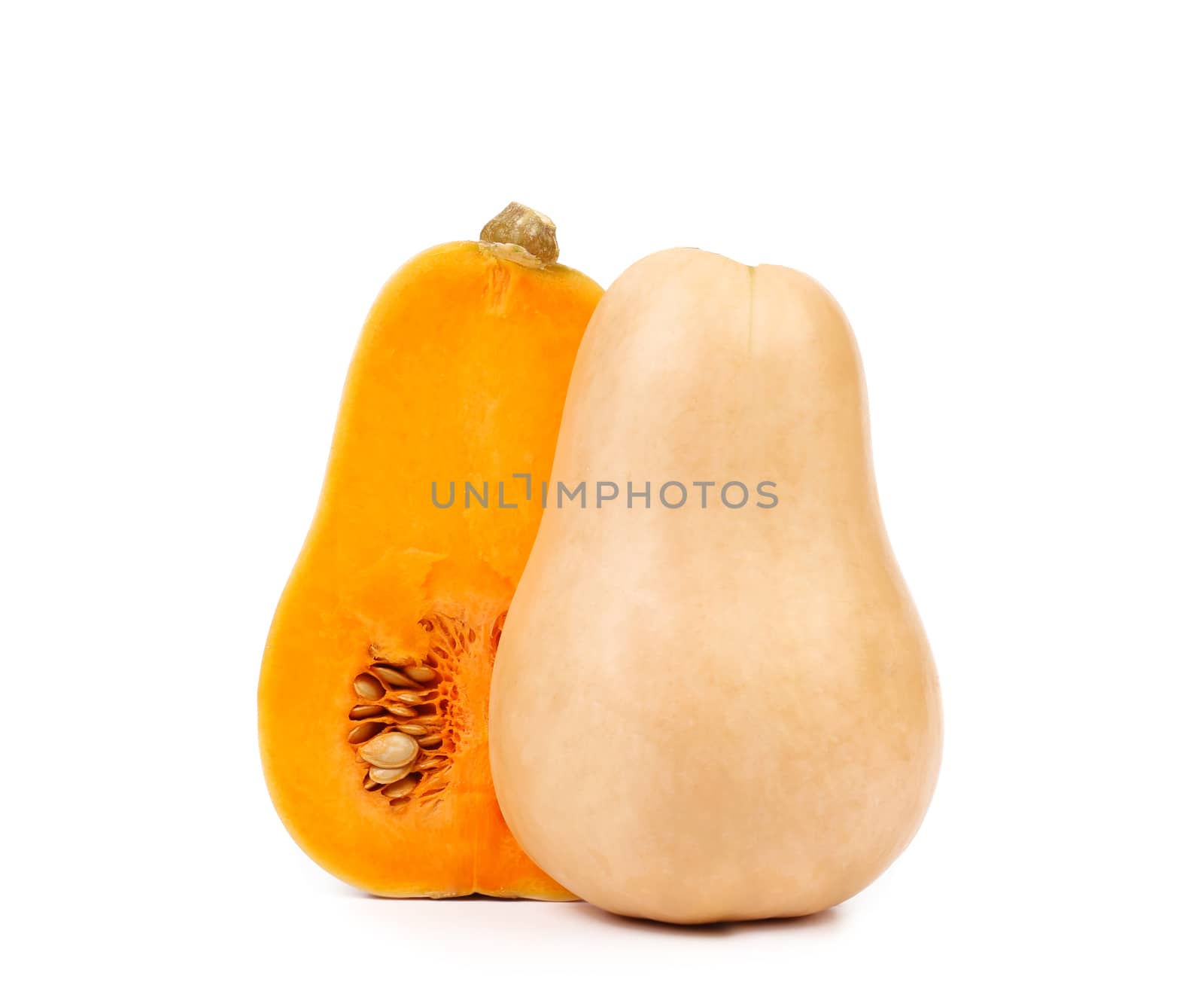 Butternut pumpkin and slice on a white background.