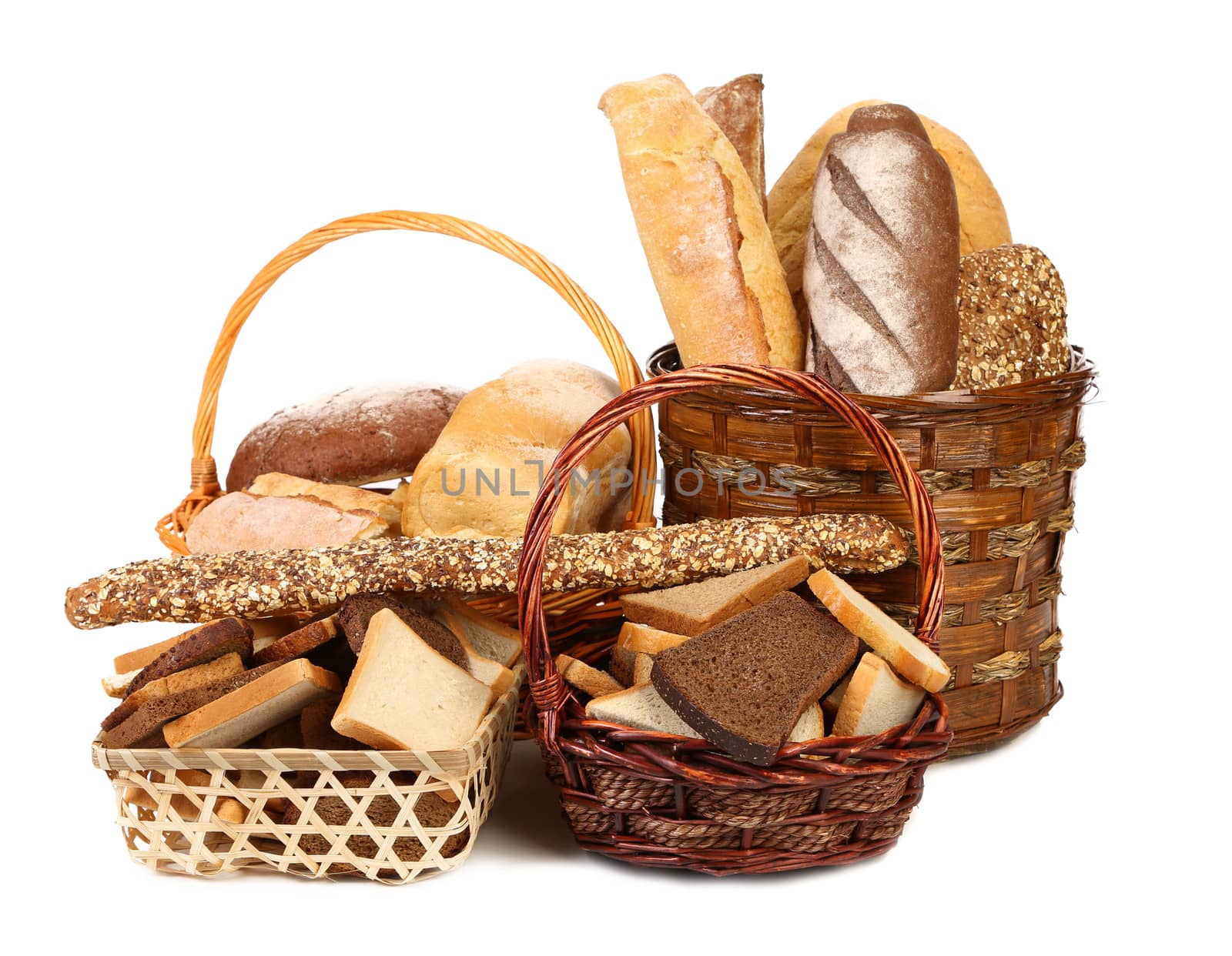 Fresh bread in baskets isolated on a white background