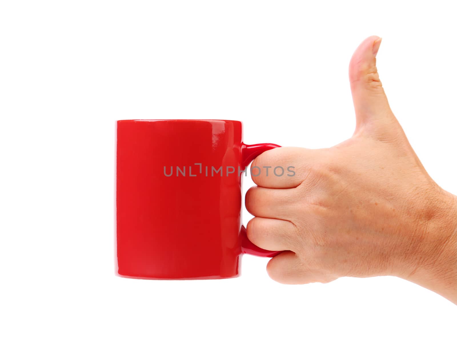 Hand hold red mug. Isolated on a white background.
