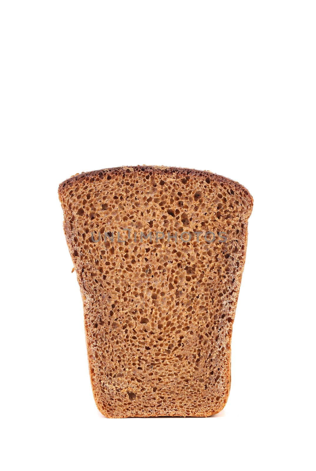 Slice of borodinsky brown bread. White background.