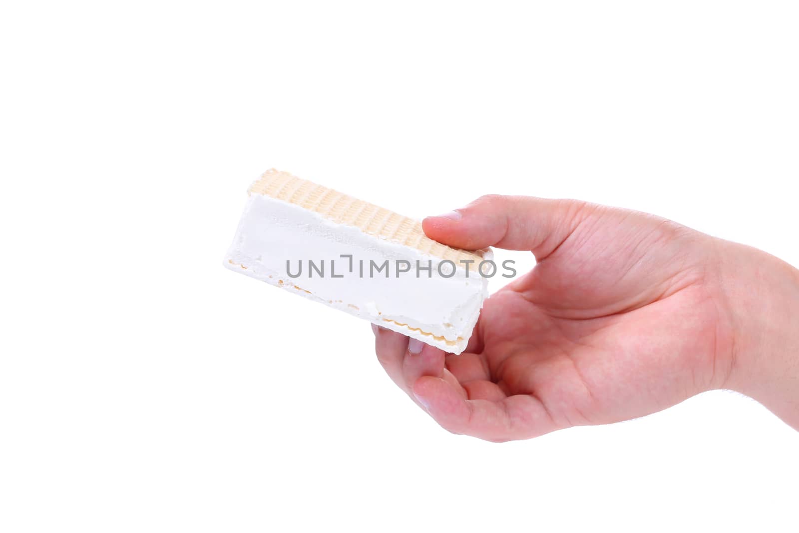 Hand holds waffle sandwich ice cream. White background.