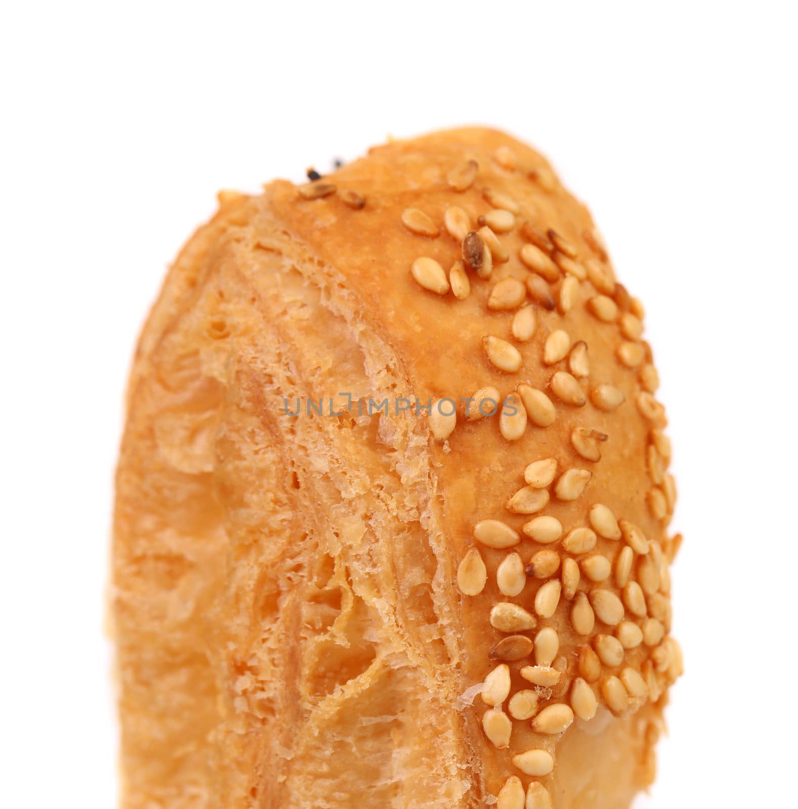 Just baked crunchy puff pastry with sesame. Macro.