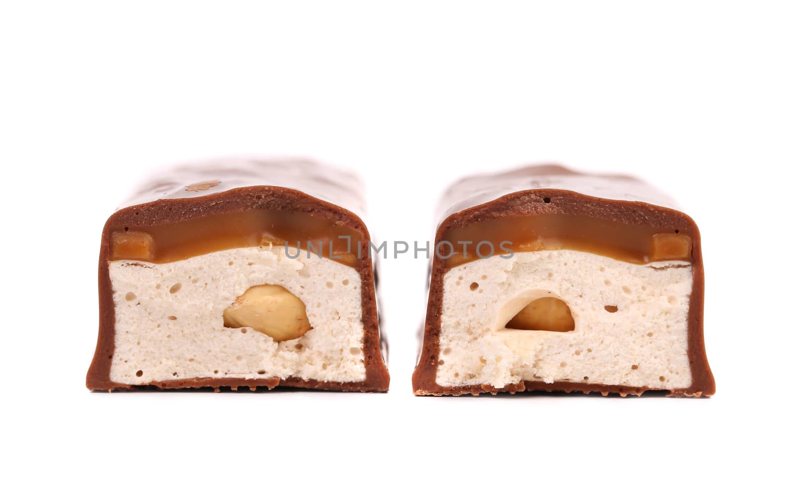 Slices bar of chocolate with filling. White background.