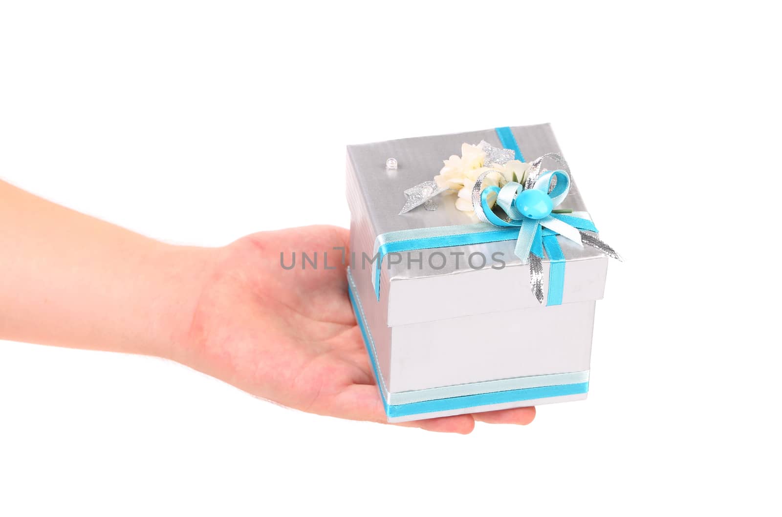 silver gift box with blue ribbon on a white background