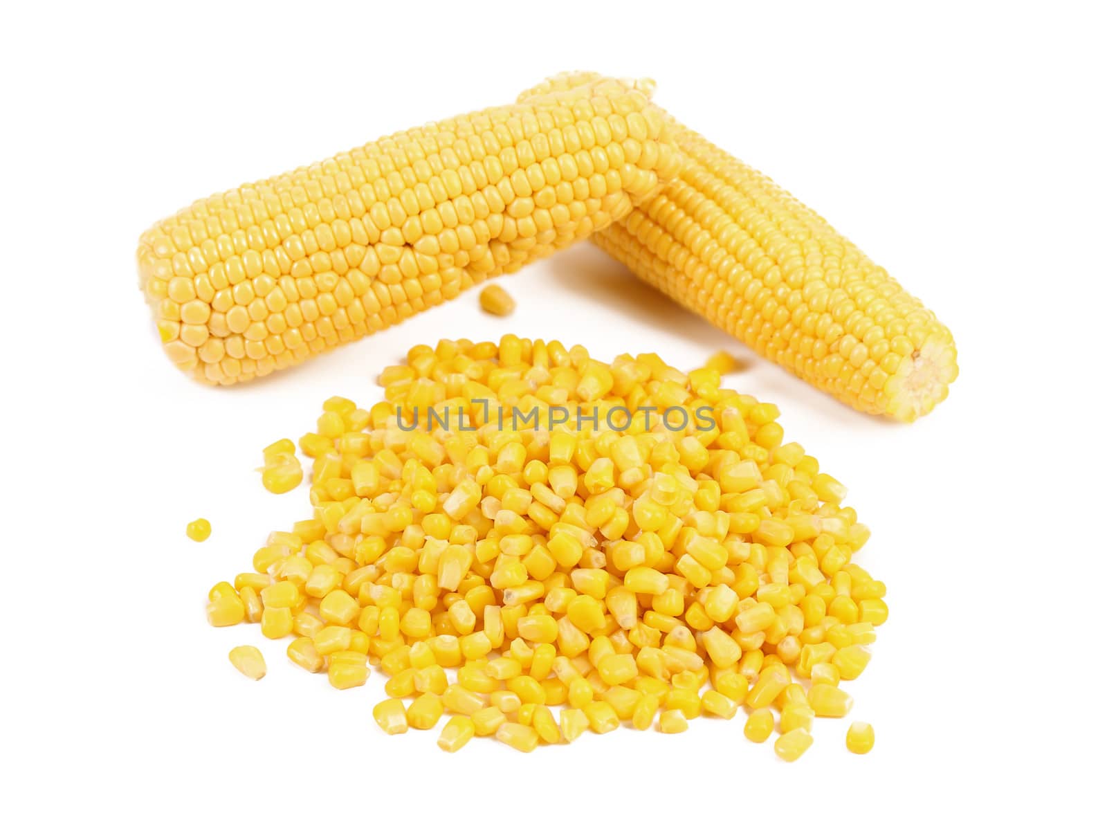 Two corncobs and handful canned corns. White background.