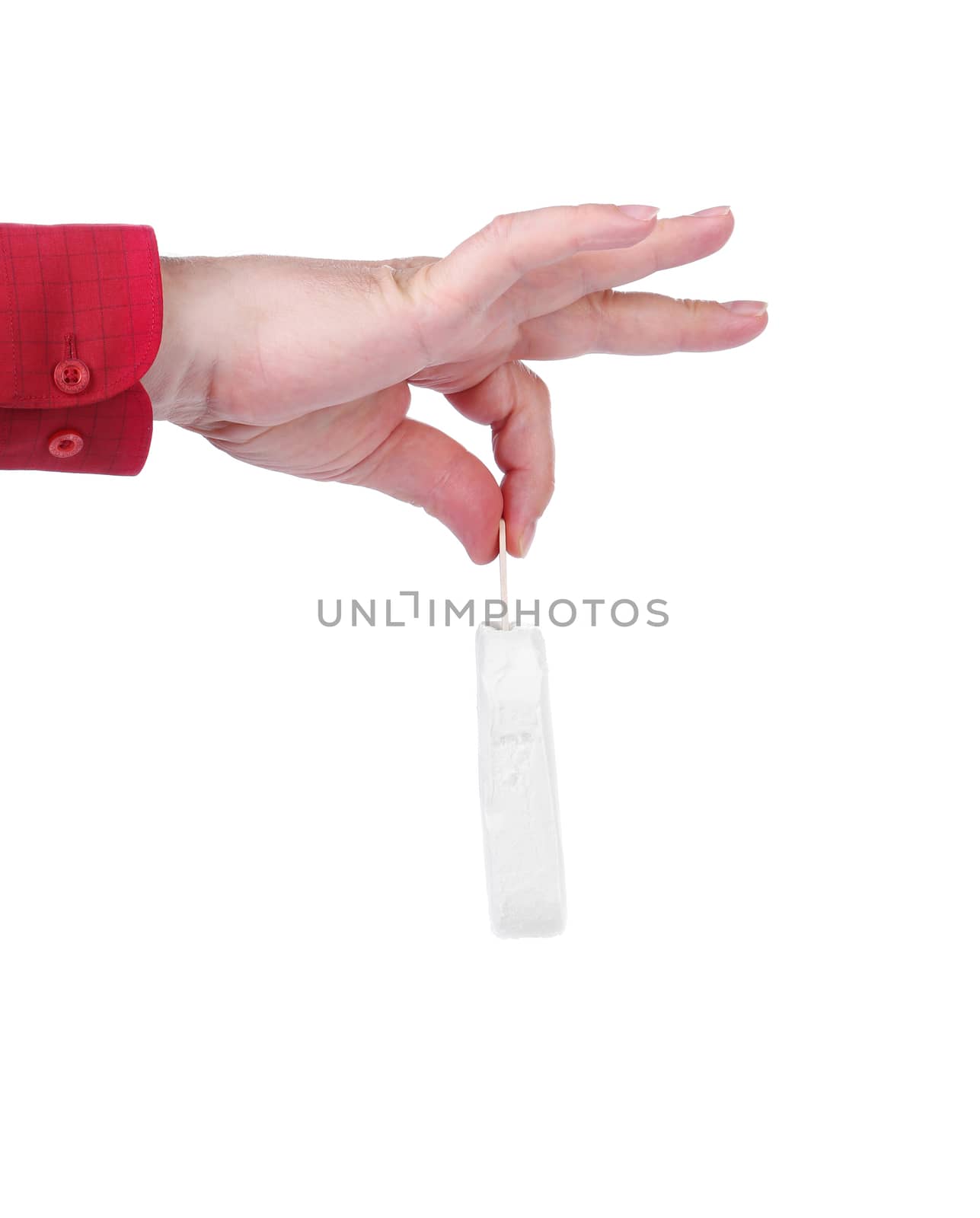 Hand holds white chocolate ice cream. White background.