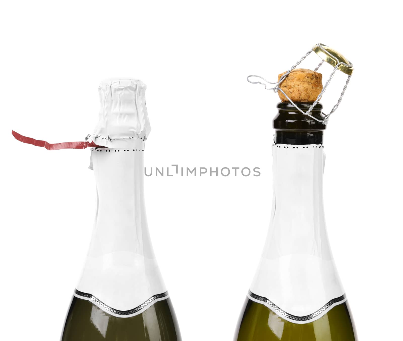 Champagne bottle closed and opened muzzle isolated on white