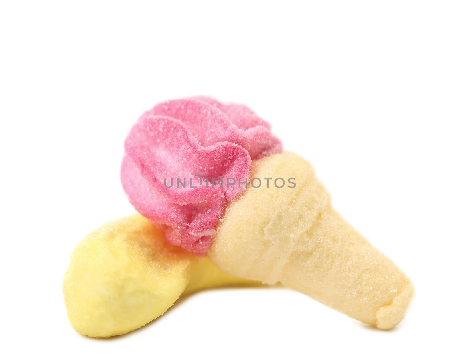 Two different marshmallow. Close up. White background.