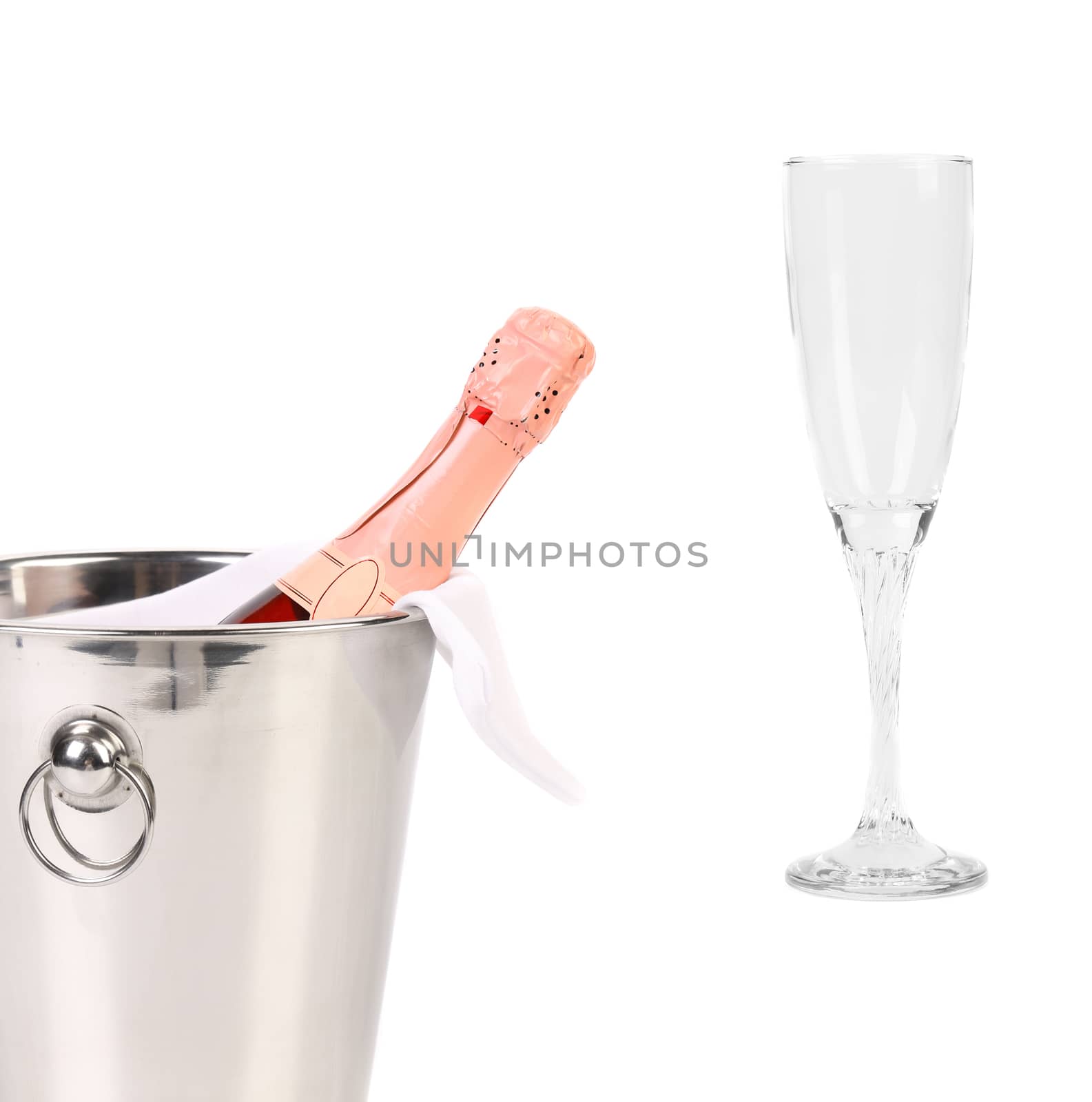 Champagne bottle in cooler and glass (with easy removable sample text)