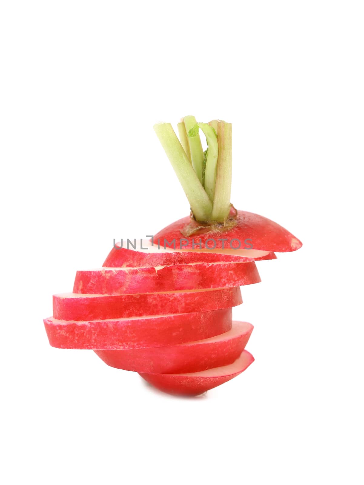 Red raddish sliced and stacked. Isolated on a white background.
