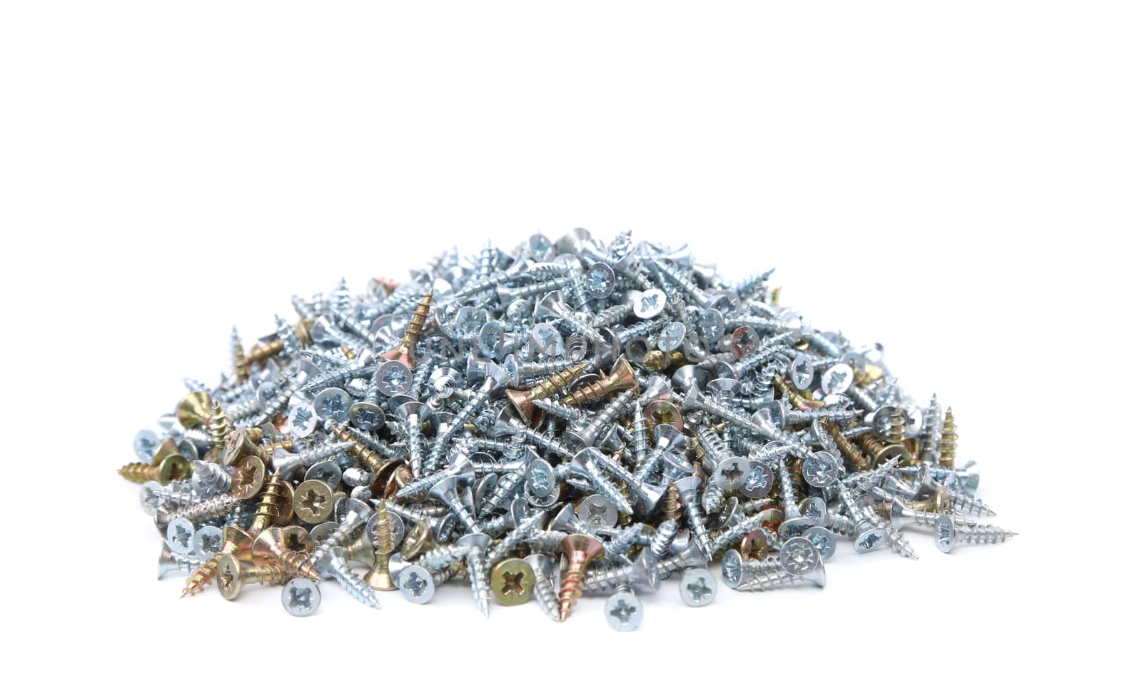 Zinked and anodized screws. Isolated on a white background.