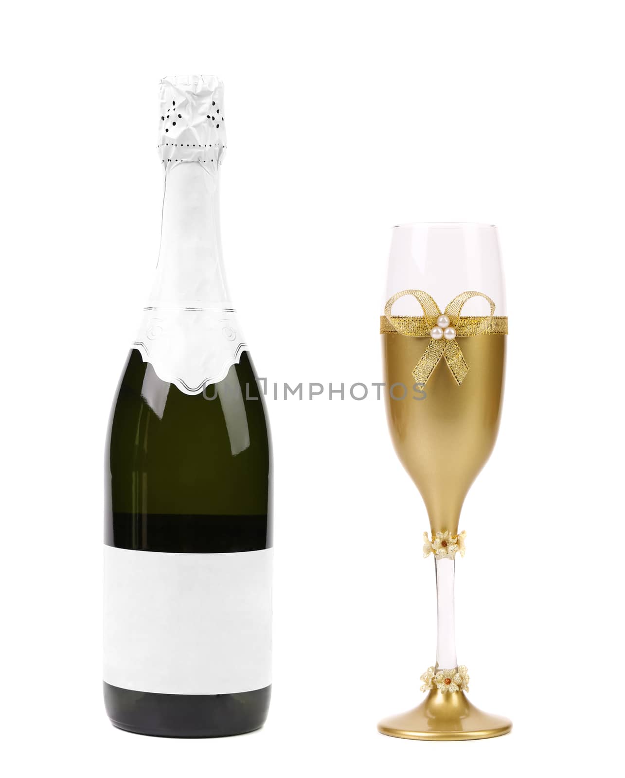 Champagne bottle and glass. Isolated on a white background.