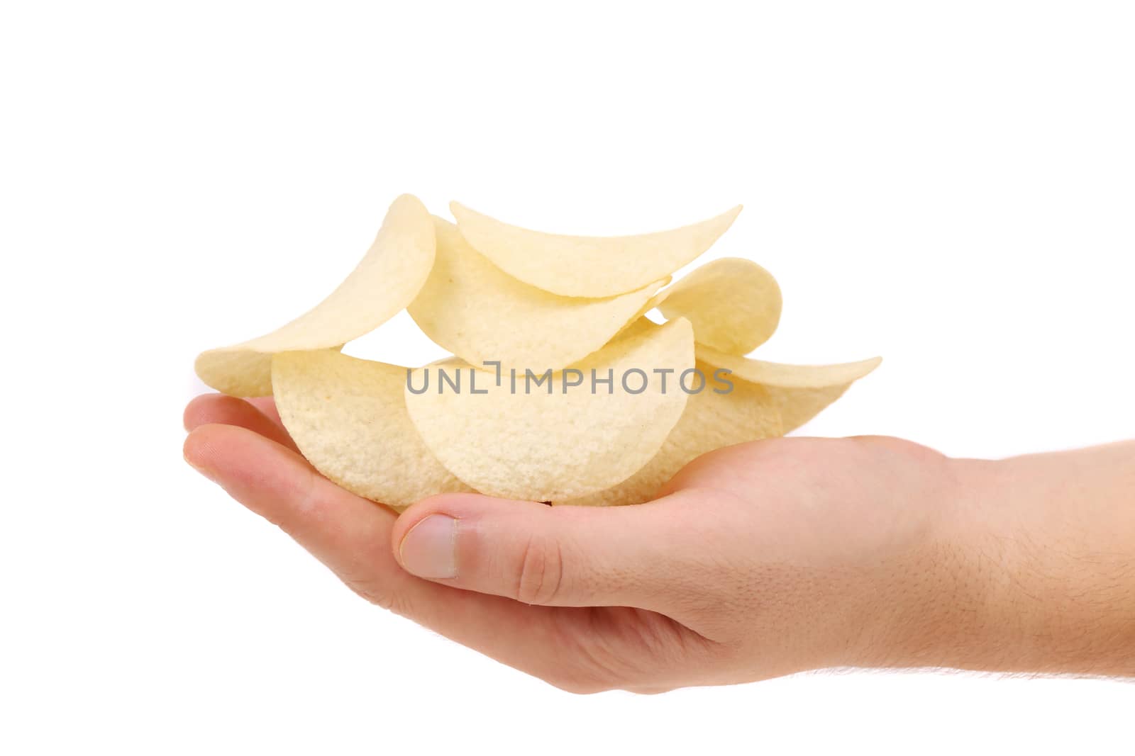 Hand holds potato chips. Isolated on a white background.