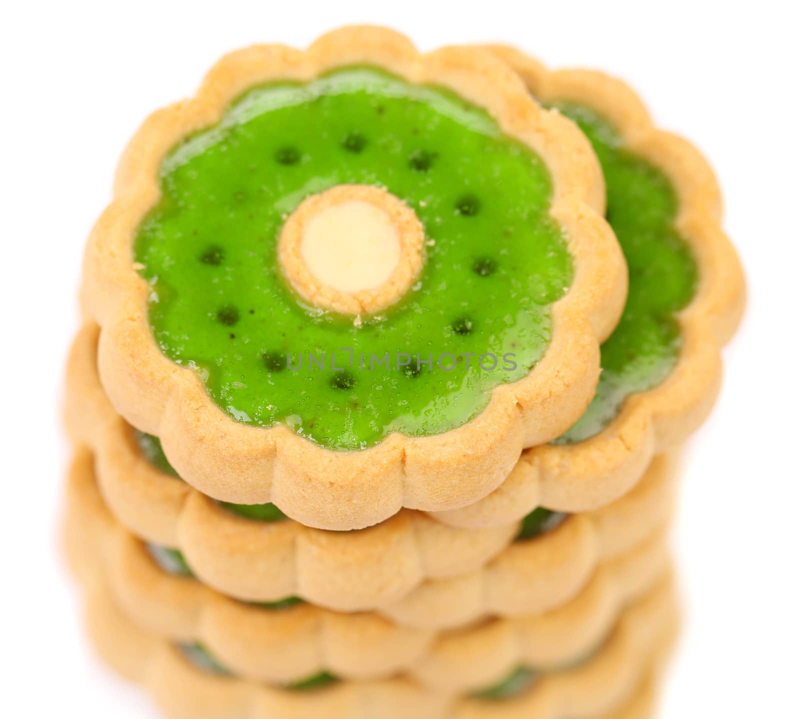 Stack of biscuit with kiwi jam. Top view. Close up.