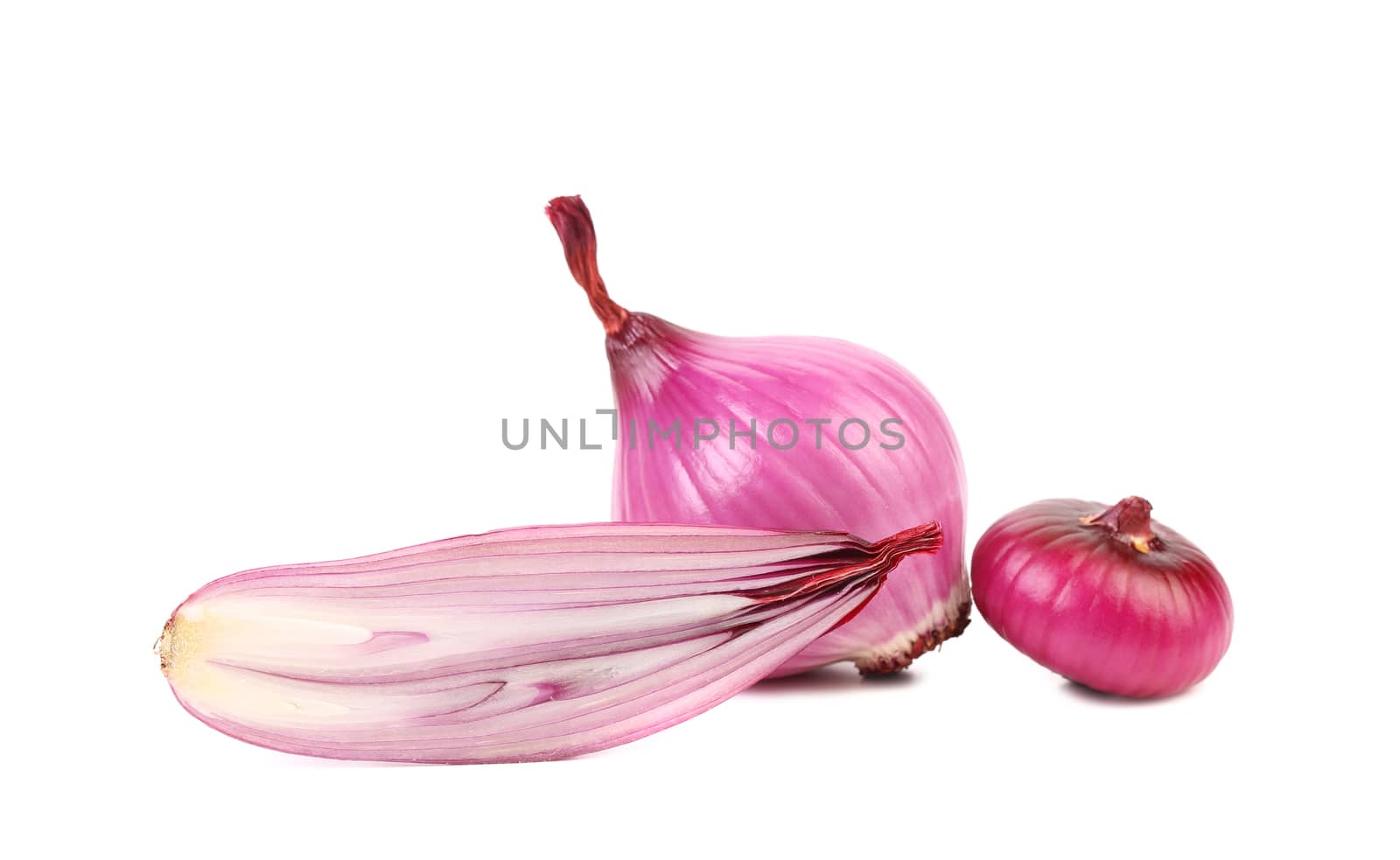 Red onions and slice. Isolated on a white background.