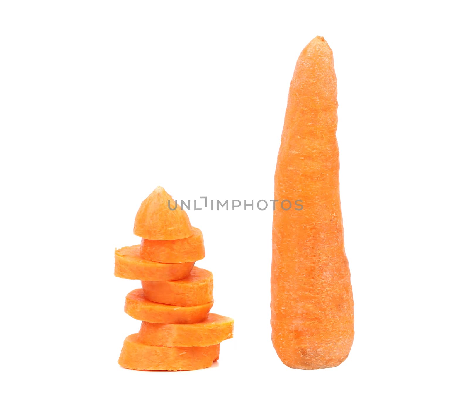 Carrot and stack of slices. White background.
