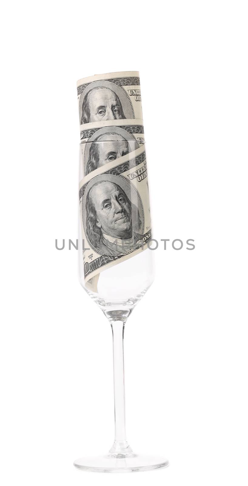 Champagne glass with money. Isolated on a white background.