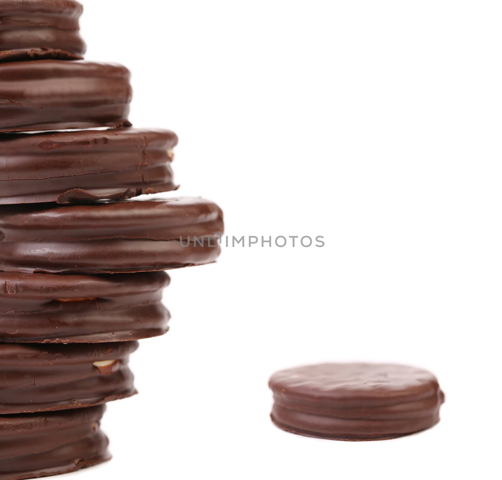 Stack biscuit sandwich with chocolate. White background.