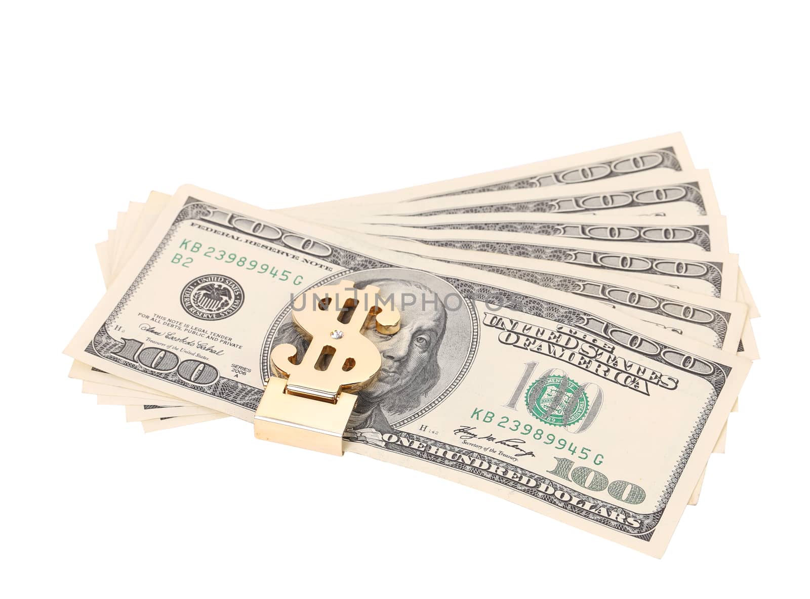 One hundred dollars banknotes in money clip. White background.