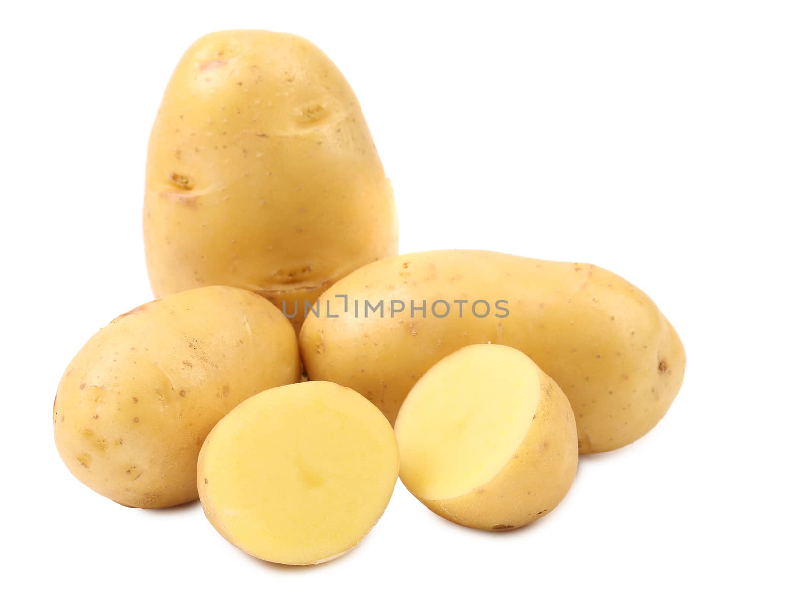 Potatoes and splited tuber. Isolated on a white background.