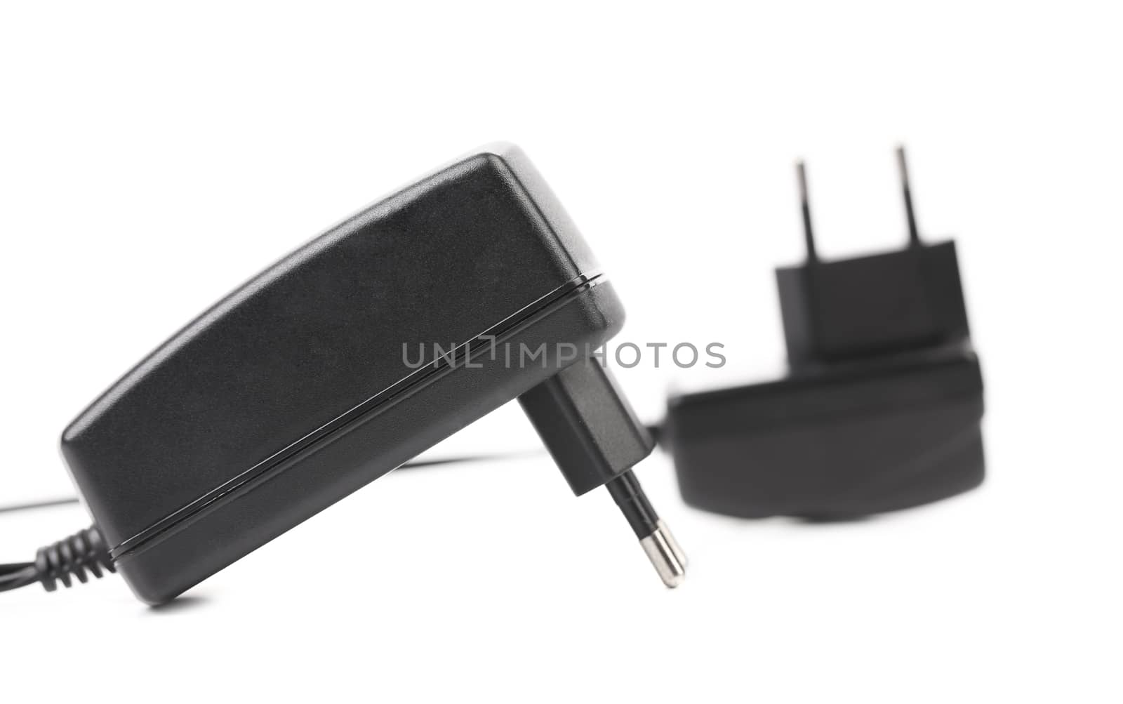 Electric power adapters. Close up. White background.