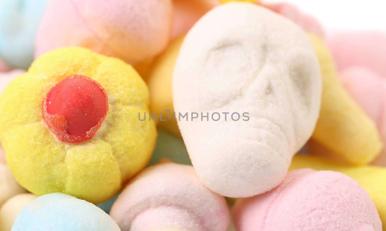Background of different colorful marshmallow. Close up.